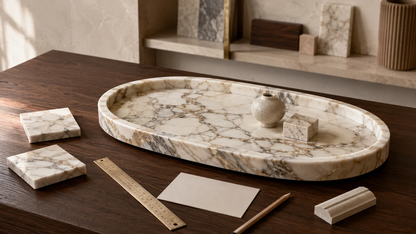 A bespoke marble tray displayed with natural-stone details in a refined interior