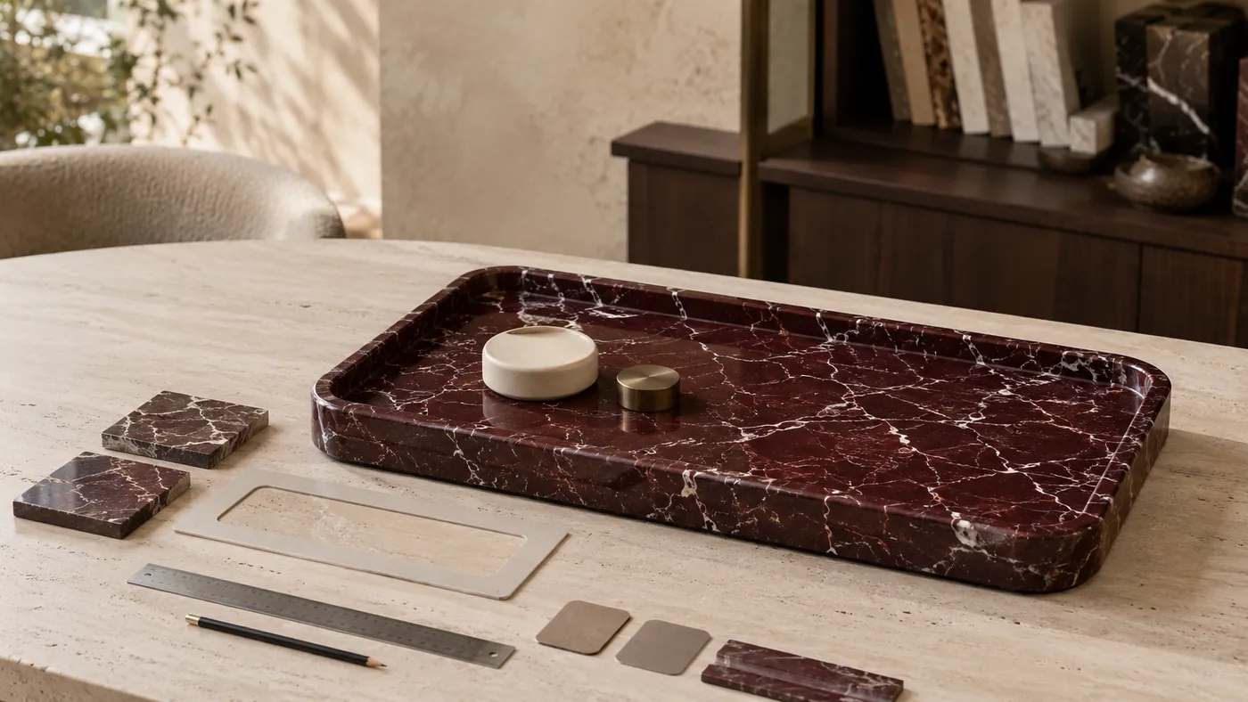 A bespoke rectangular marble tray representing custom dimensions and materials