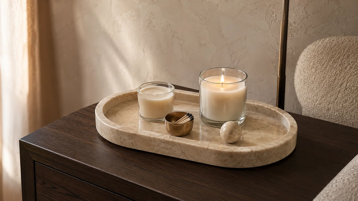 Small natural-stone candle tray in a warm interior