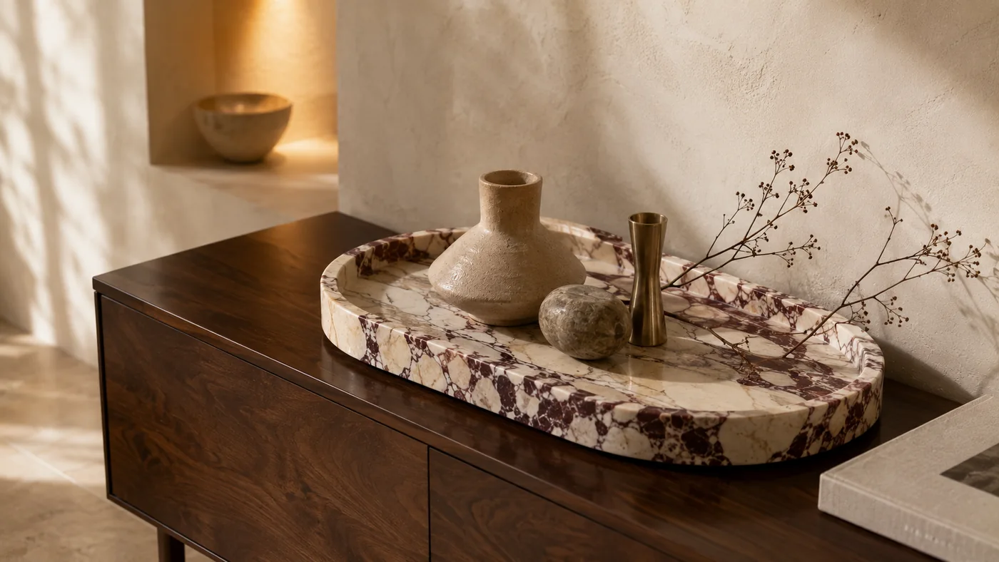 Sculptural decorative marble tray styled in a refined interior