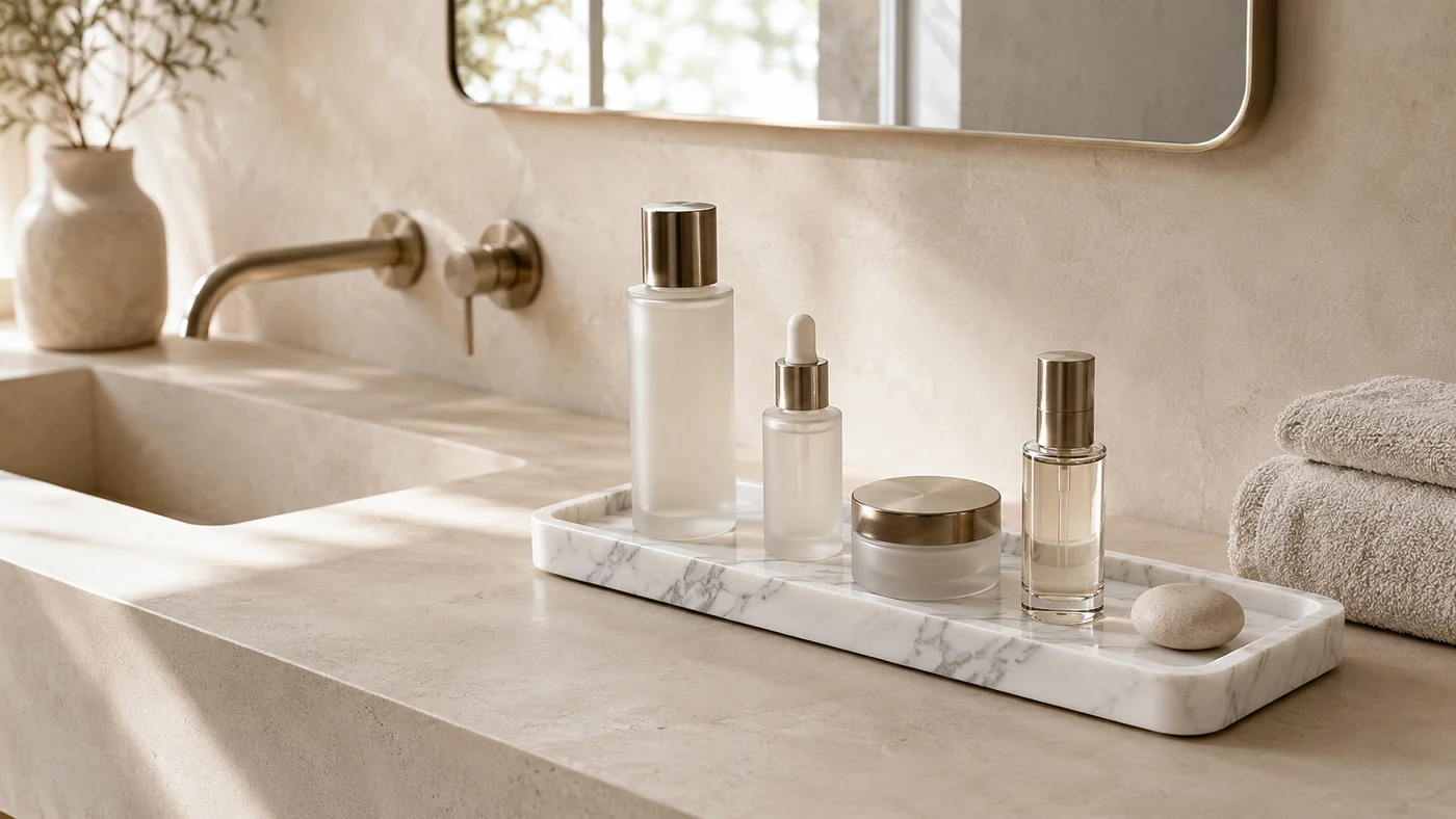 Slim marble vanity tray styled with bathroom essentials
