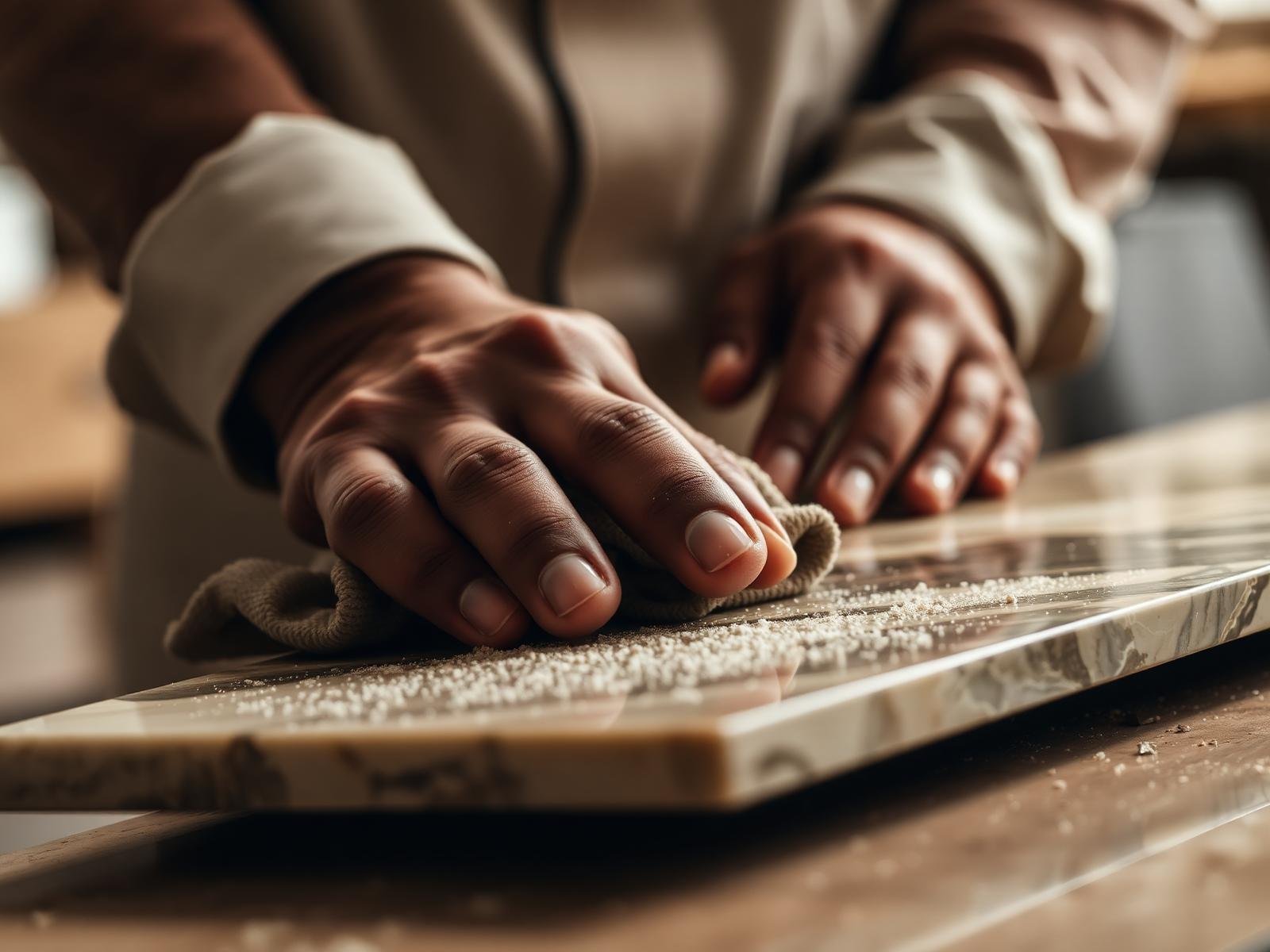 A natural-stone surface being polished during finishing