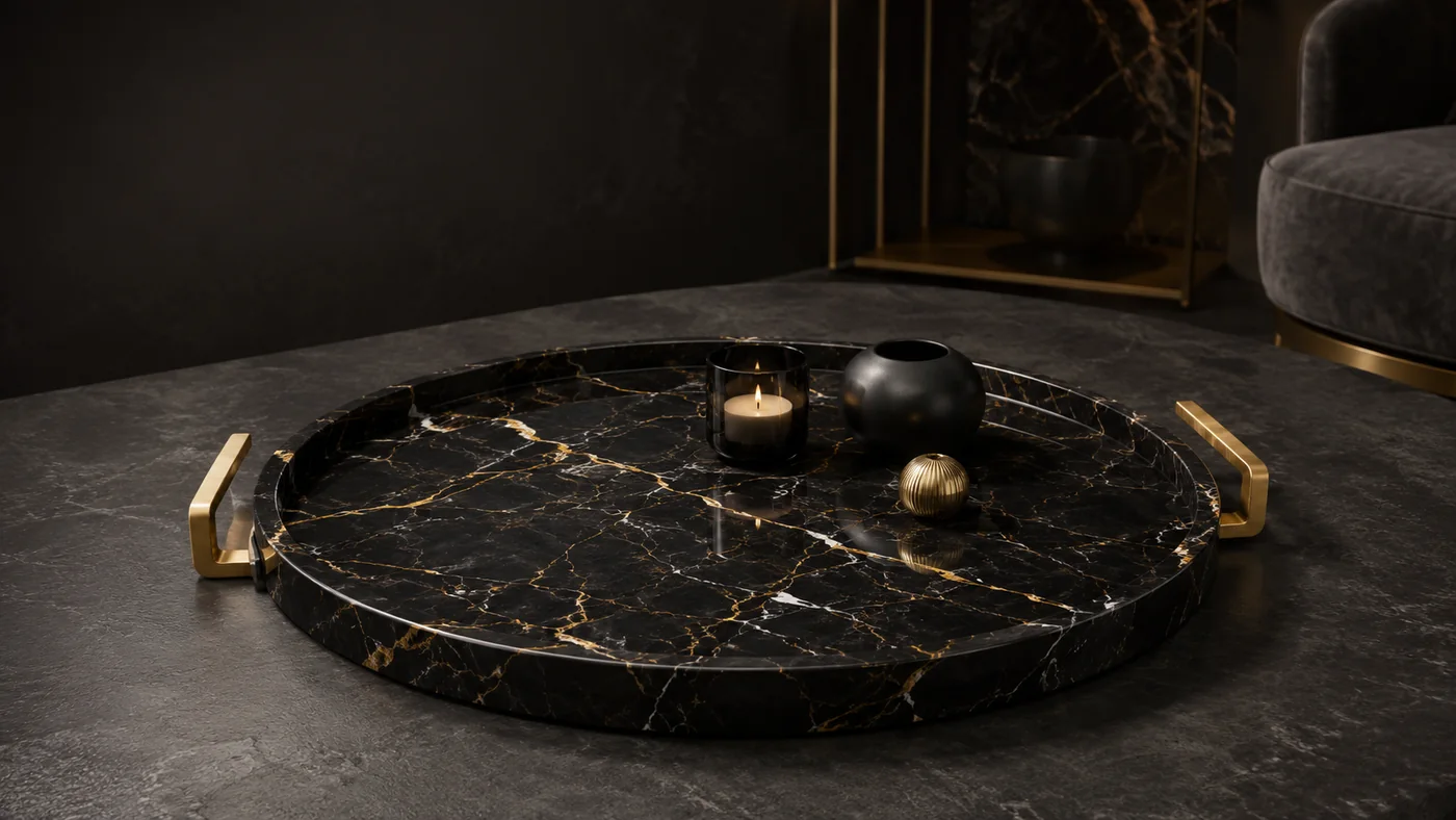 Round black Nero Portoro marble tray with gold handles in a dark interior