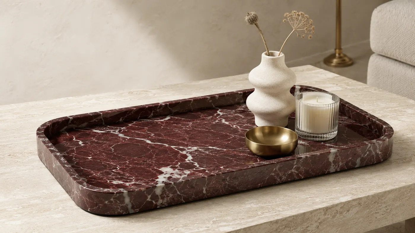 Burgundy Rosso Levanto marble tray styled on a pale stone table