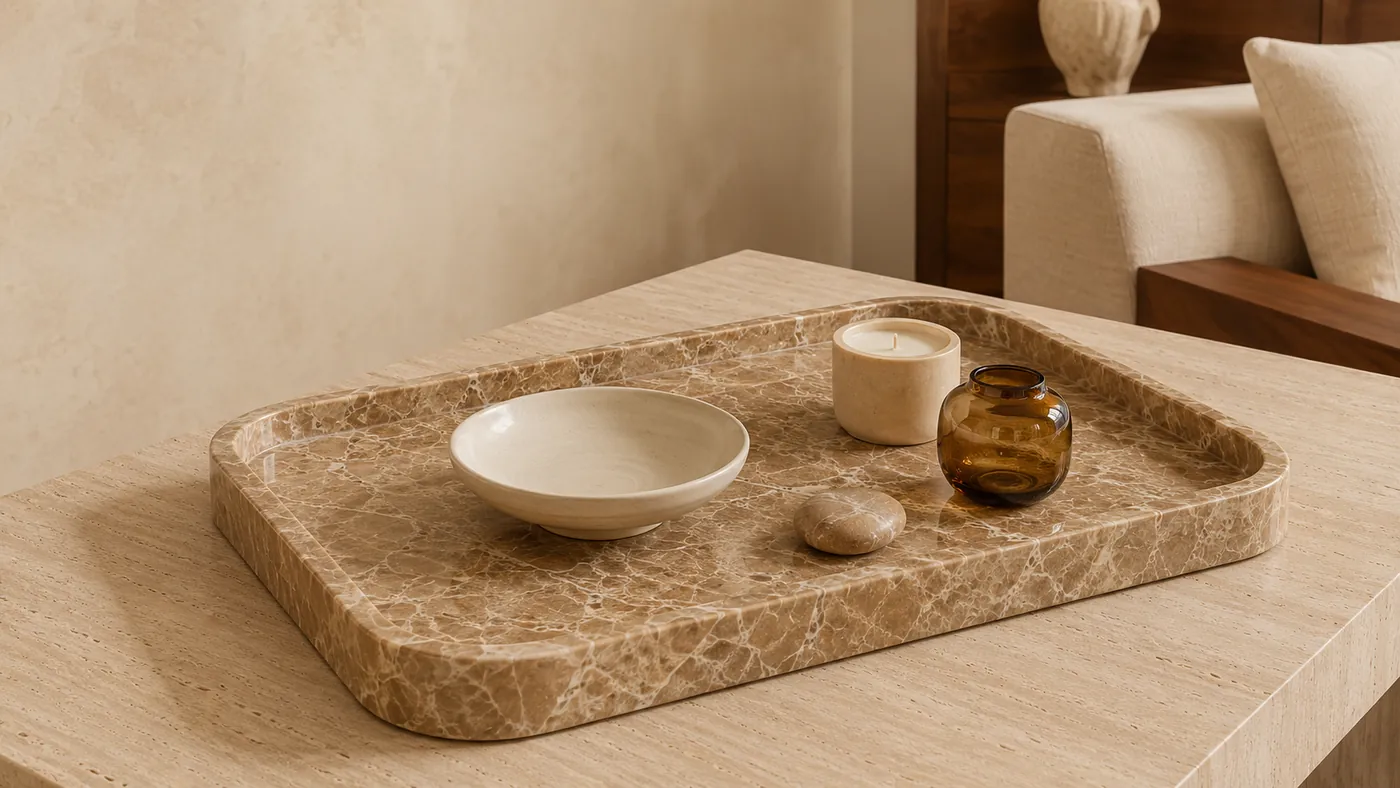 Warm beige Emperador marble tray in a neutral organic interior