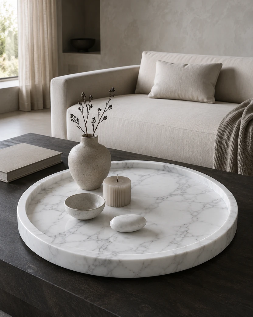 Extra-large round Statuario marble tray styled for a coffee table