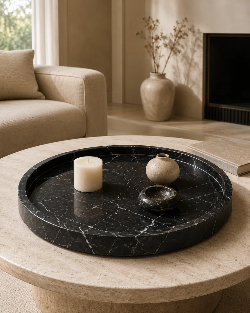 Large round Nero Marquina black marble tray styled for a coffee table