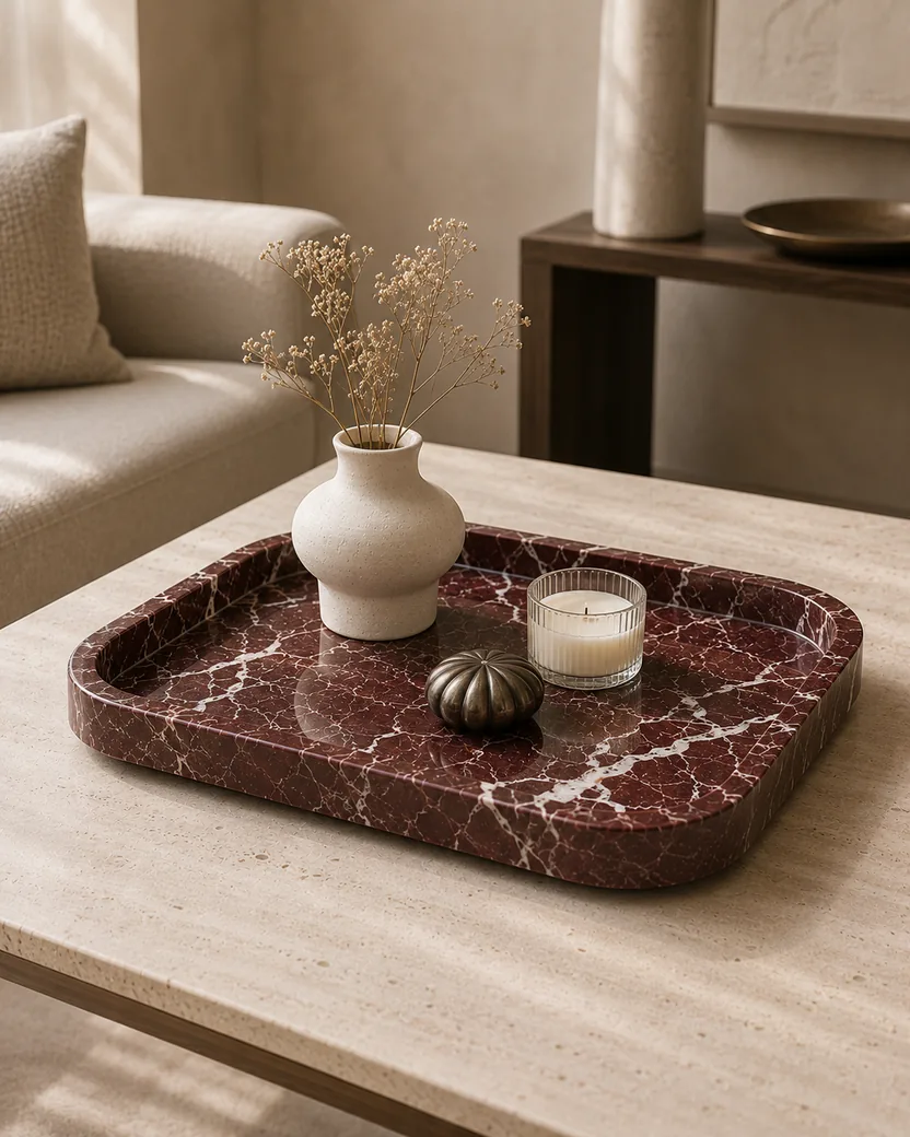 Red Rosso Levanto decorative marble tray styled in a refined interior