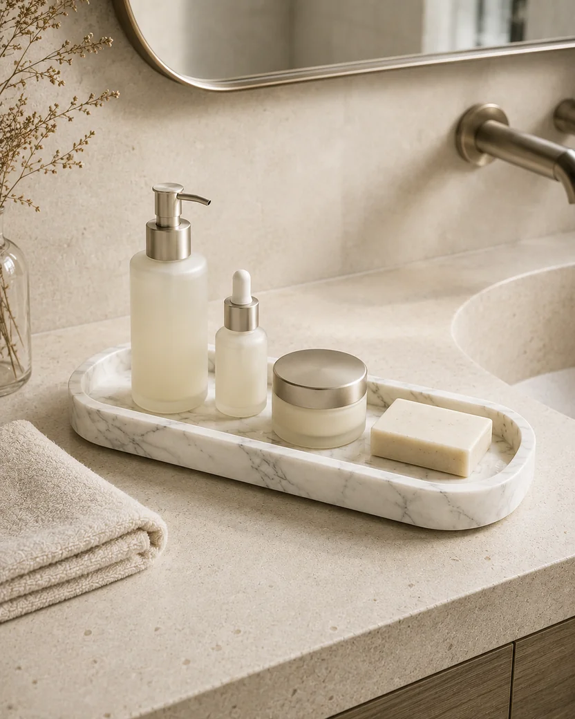 Small white Calacatta marble tray on a bathroom counter