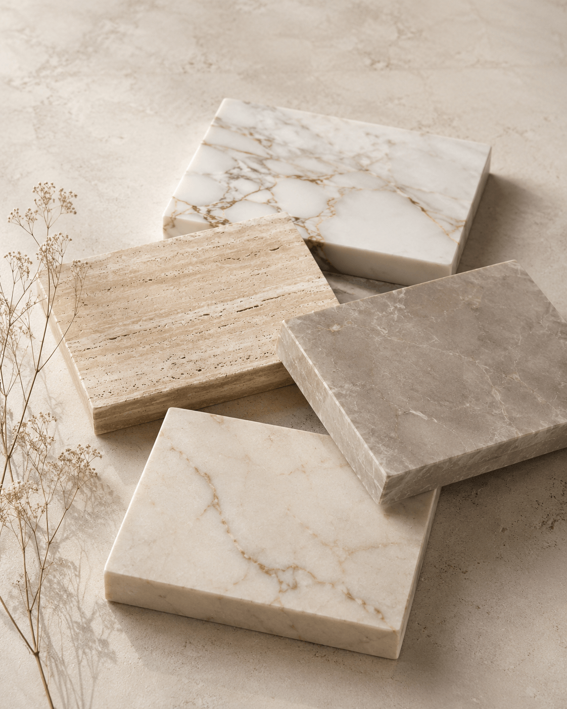 Natural marble and travertine samples arranged for comparing stone colour and veining
