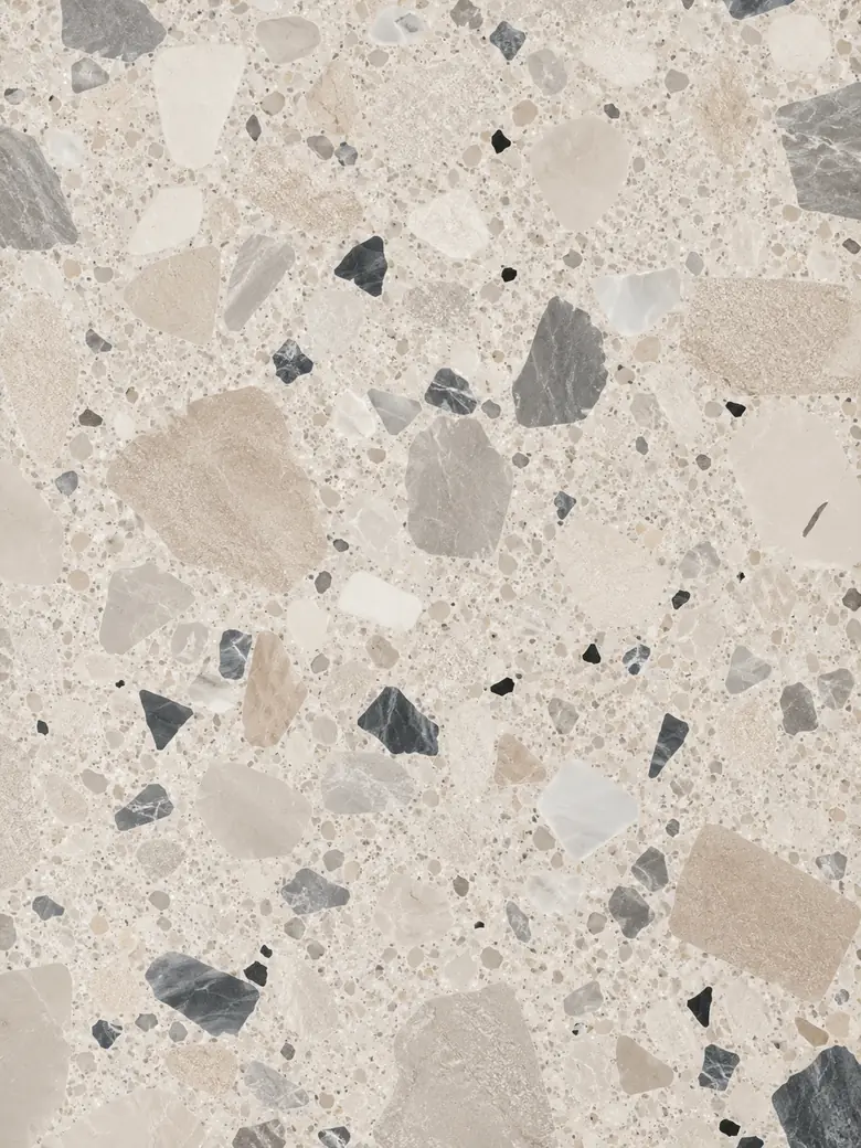 Light terrazzo surface with multicoloured decorative stone aggregate